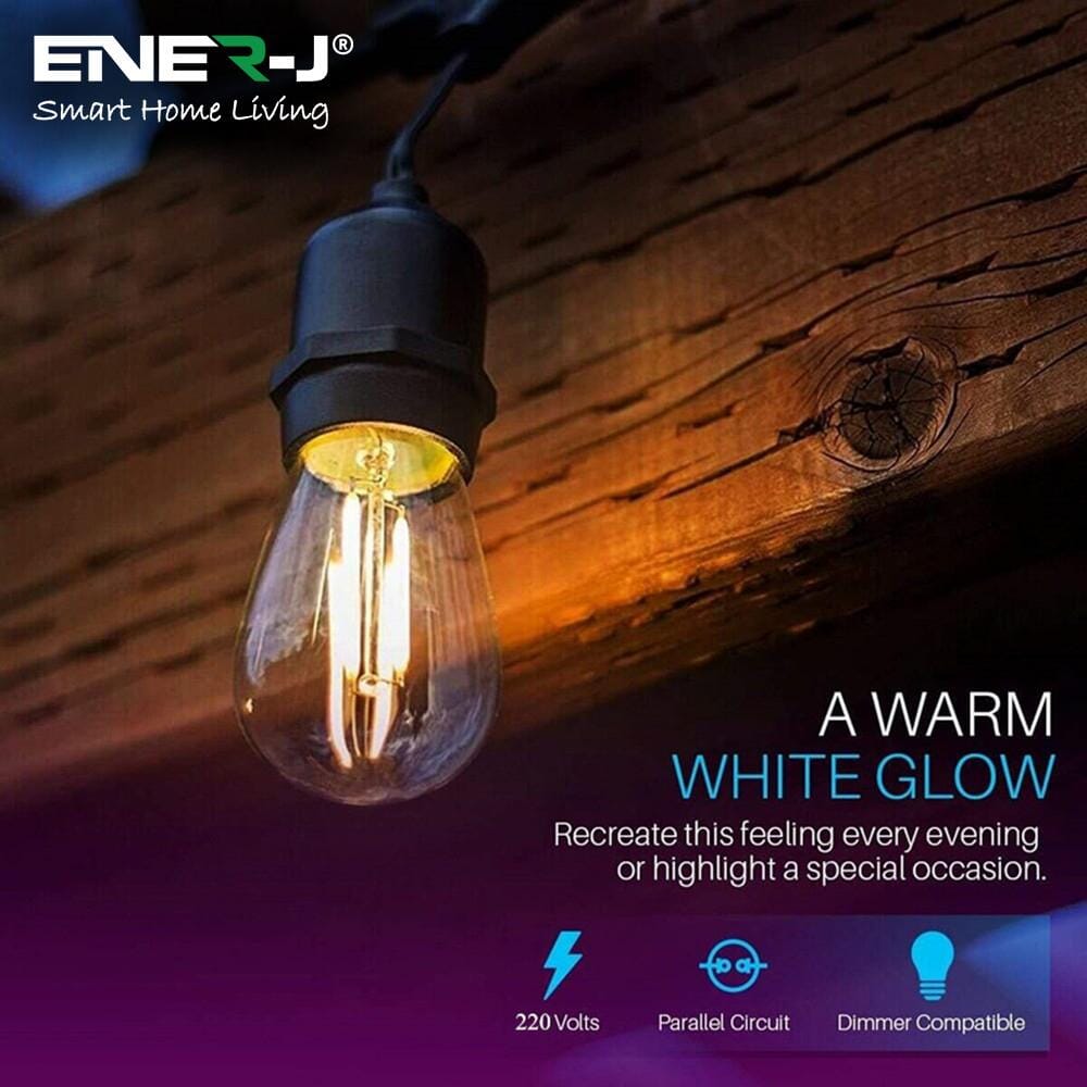 LED Festoon Light Kit - 48ft Waterproof with 15 x Warm White LED Filament Bulbs Festoon Lights ENER-J