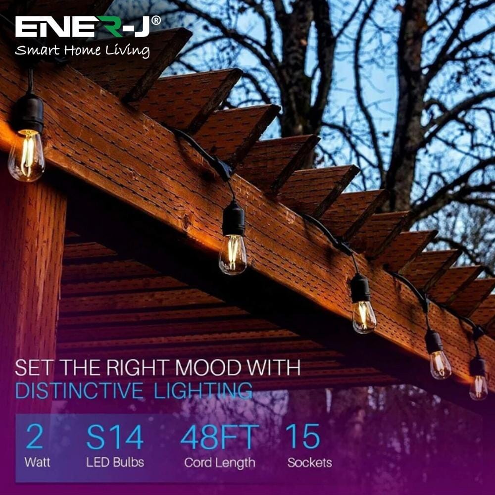 LED Festoon Light Kit - 48ft Waterproof with 15 x Warm White LED Filament Bulbs Festoon Lights ENER-J
